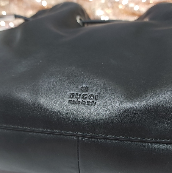 Authentic Gucci Shoulder Tote Drawstring Black Leather Bag W/ Dust Bag - Picture 11 of 17